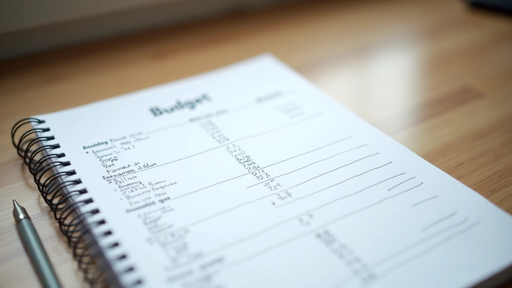 Notebook and pen on desk with handwritten budget notes and expense categories