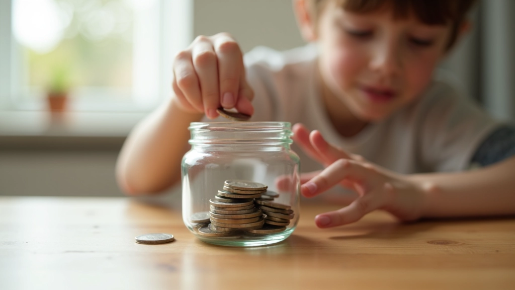 Young child putting coins into a clear savings jar at home