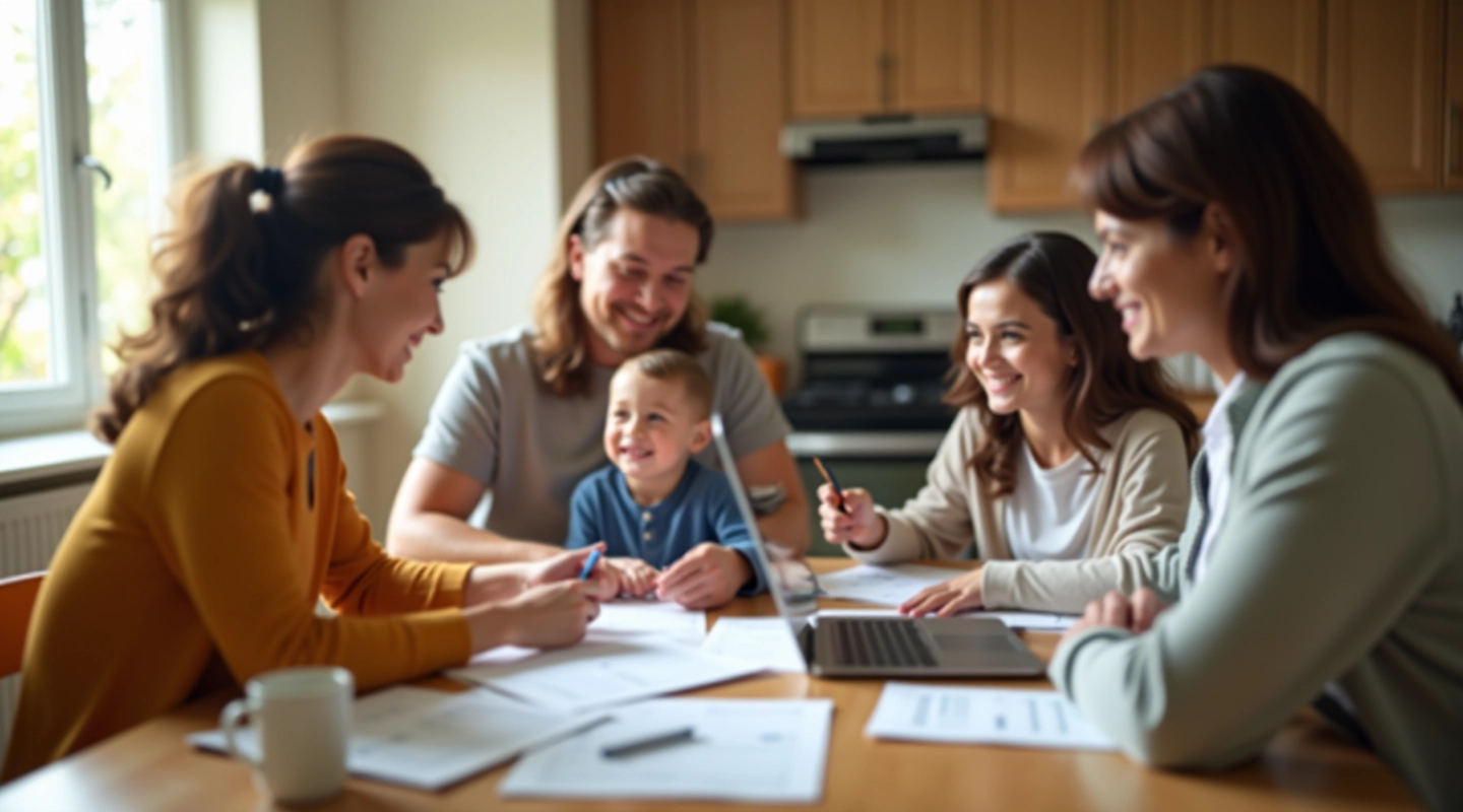 Family reviewing household budget at kitchen table together