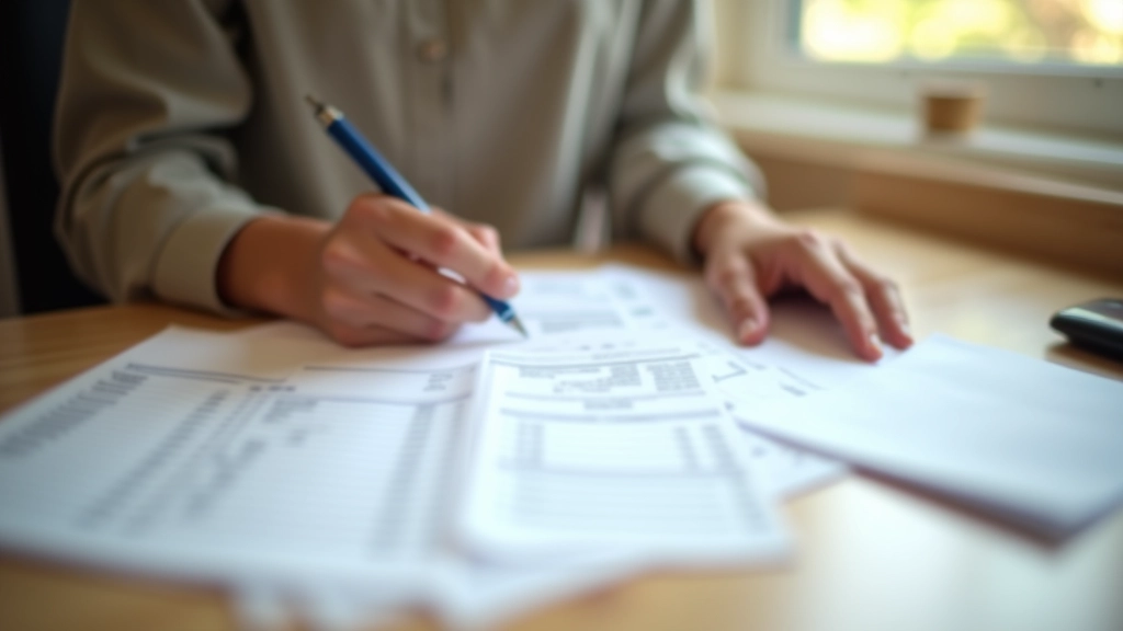 Person reviewing expense receipts spread on kitchen counter