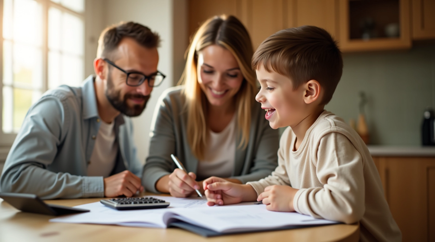 Family reviewing budget setup documents at kitchen table with laptop and notebook