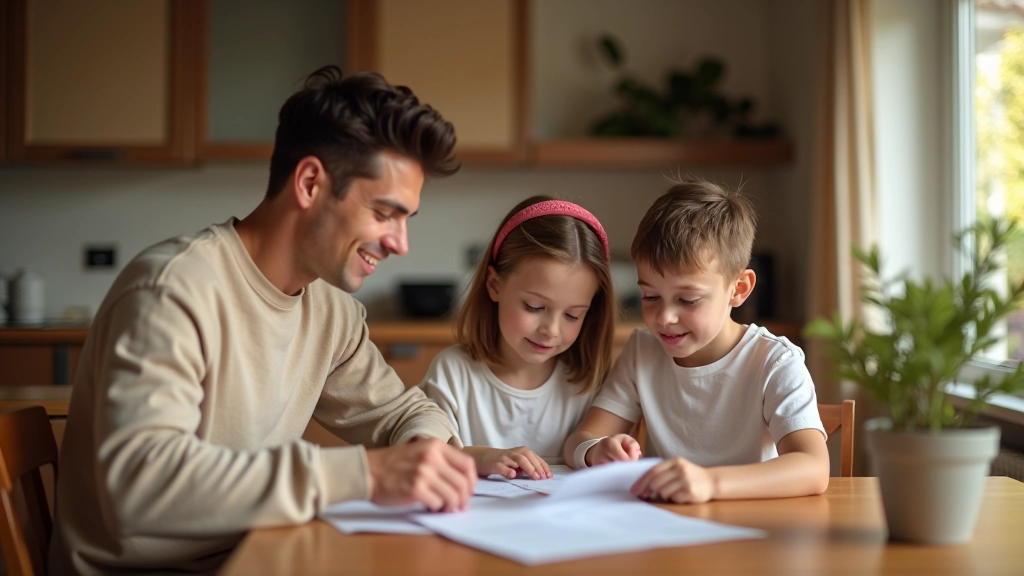 Family sitting together reviewing financial documents and budget planning materials