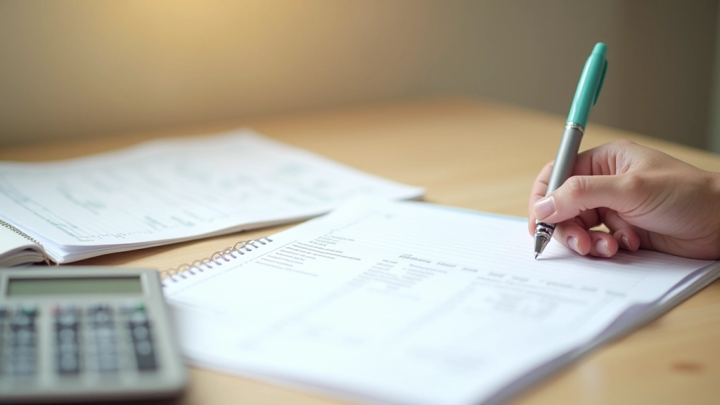 Notebook and pen on wooden desk with financial documents and calculator