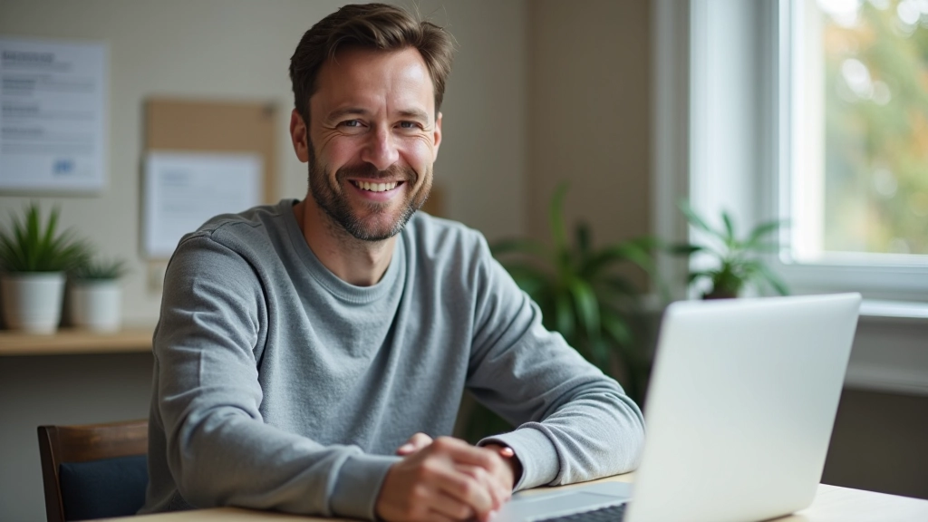 Person smiling confidently while reviewing positive budget progress on laptop