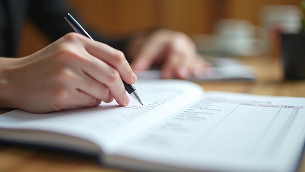 Hand writing in budget planner with expense categories listed